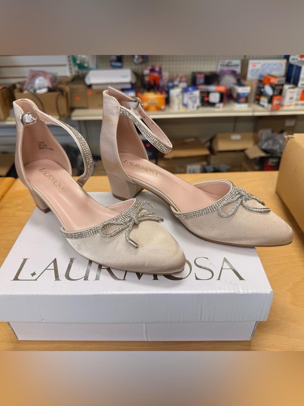 Ivory Satin Low Block Heel with Crystal Bow